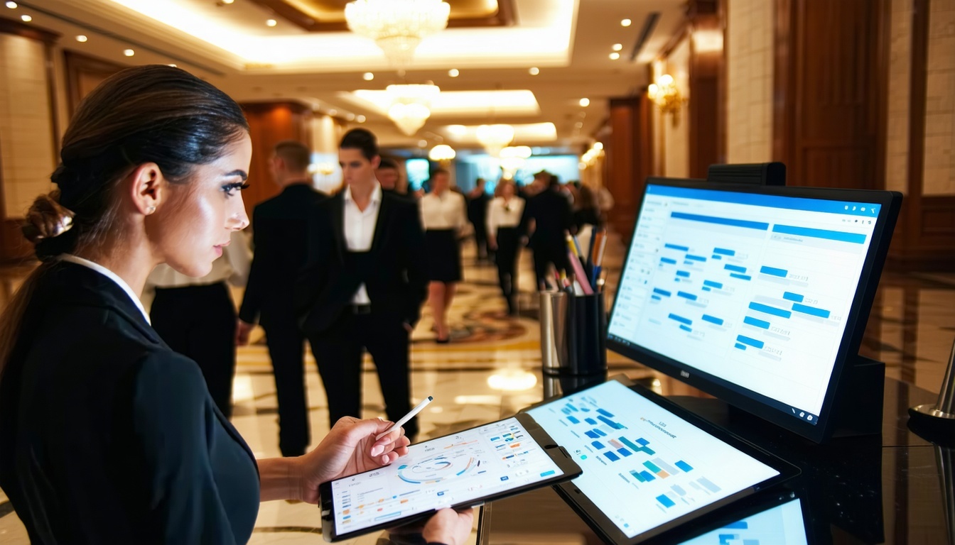 A bustling hotel lobby with staff members efficien