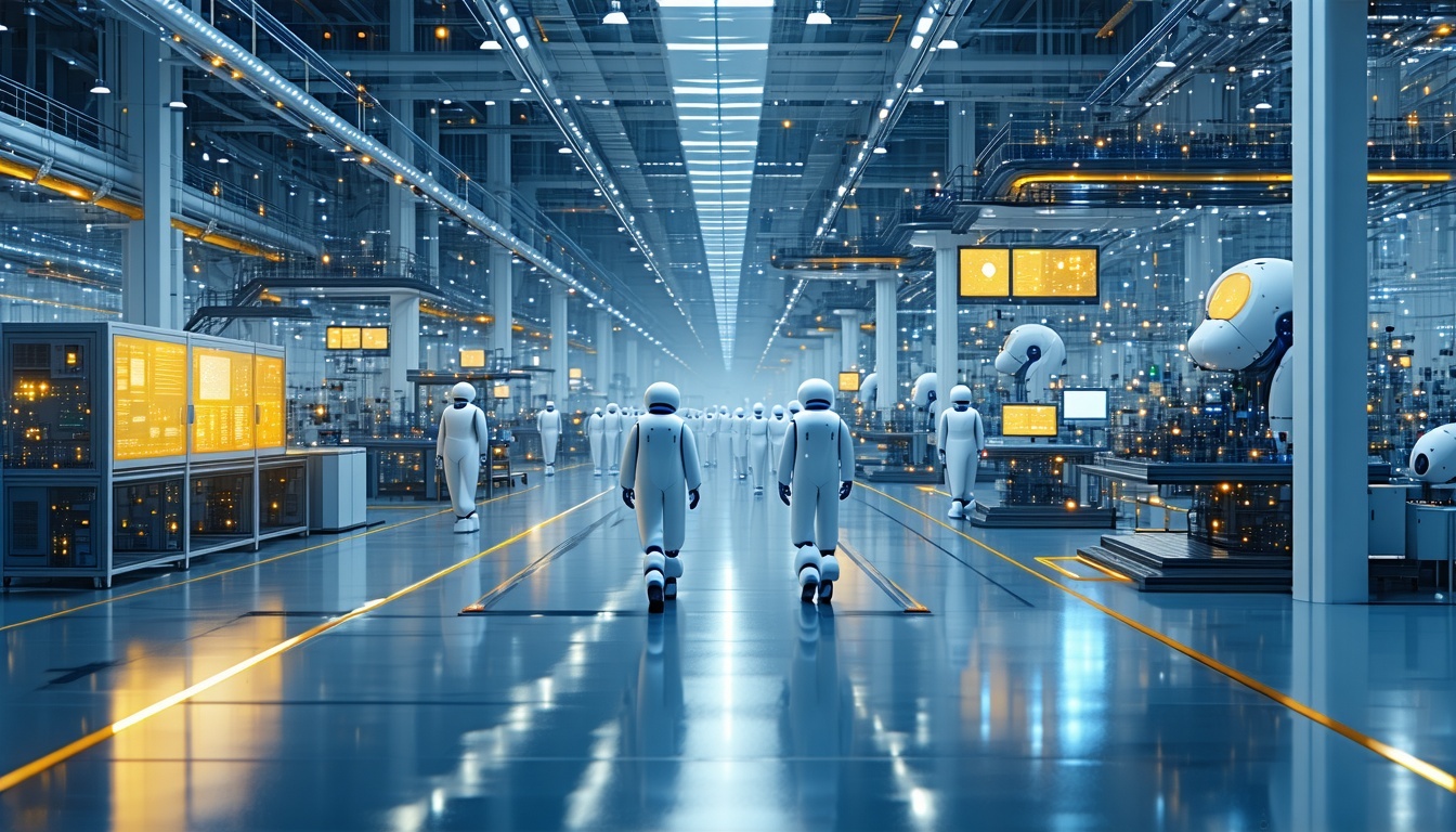 A futuristic factory floor where humans and AI wor